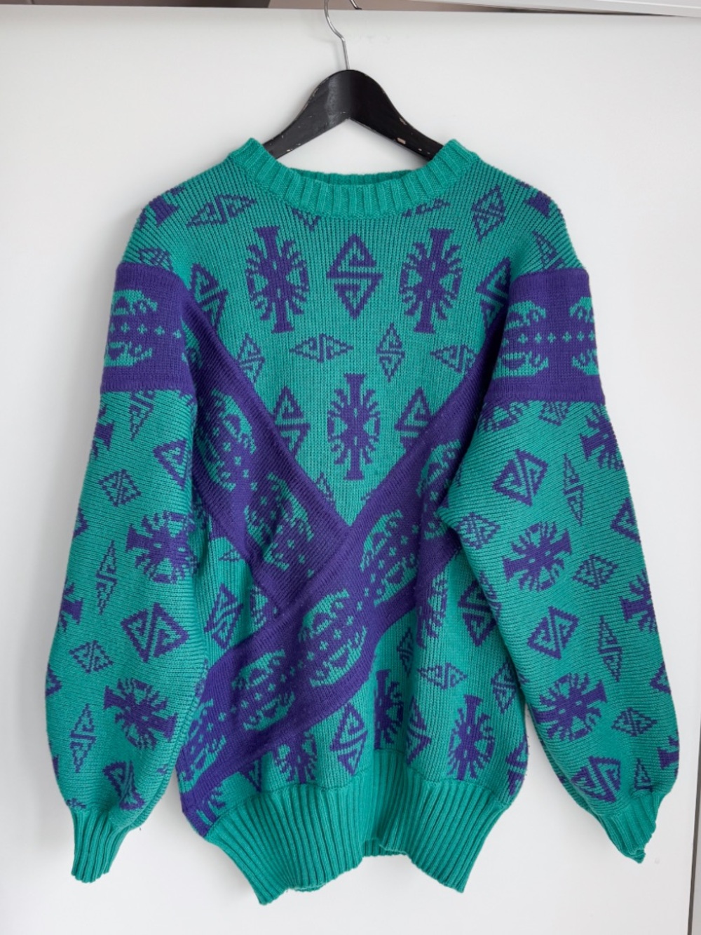 Vtg 80s West Germany Wool Blend Ski Sweater Teal Purple Geometric US 10